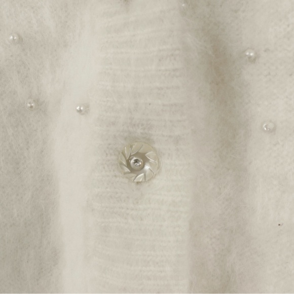 Vintage Angora Wool Knot White Beaded Floral Fuzzy Cardigan Sweater - Picture 5 of 6